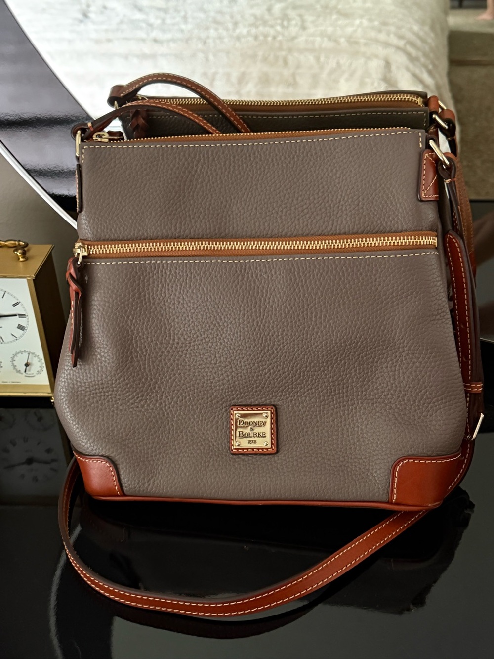 Dooney & Bourke Pebbled Leather Crossbody Bag Taupe Gray Cognac Trim